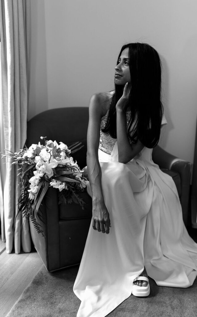 Black and white indoor bridal portraits at Shinola Hotel in Detroit, MI