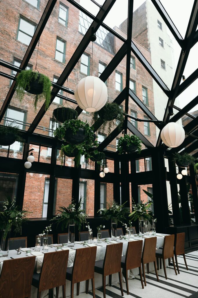 A minimal tropical Shinola Hotel wedding reception in The Birdy Room