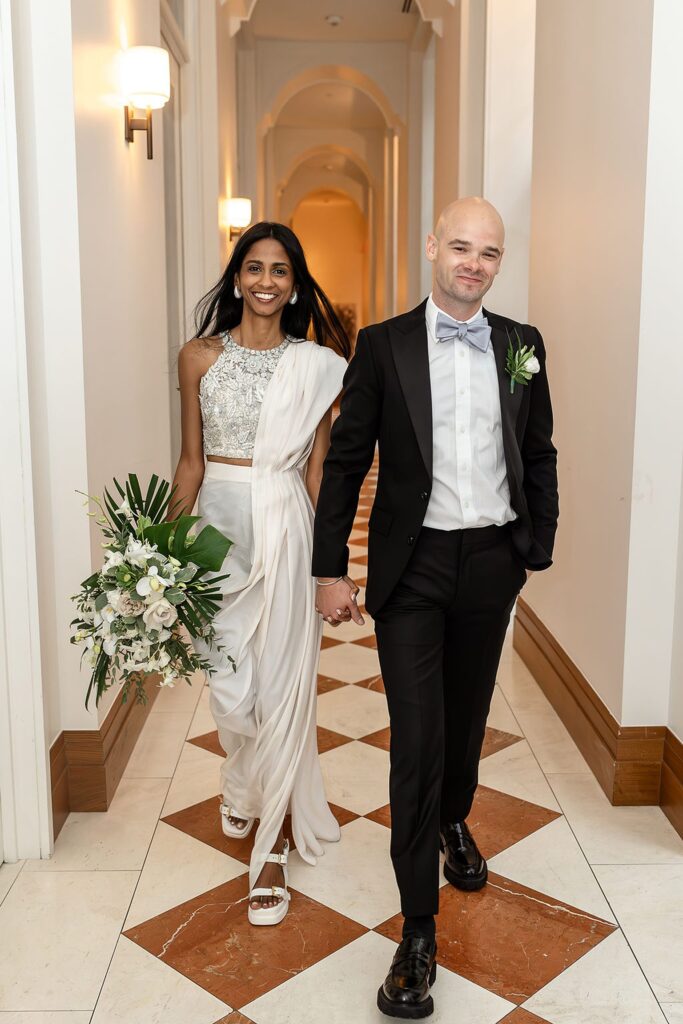 Bride and grooms indoor Shinola Hotel wedding portraits in Detroit, Michigan