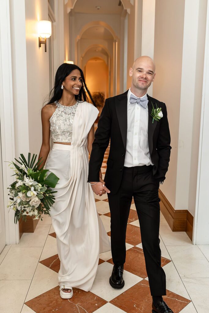 Bride and grooms indoor Shinola Hotel wedding portraits in Detroit, Michigan