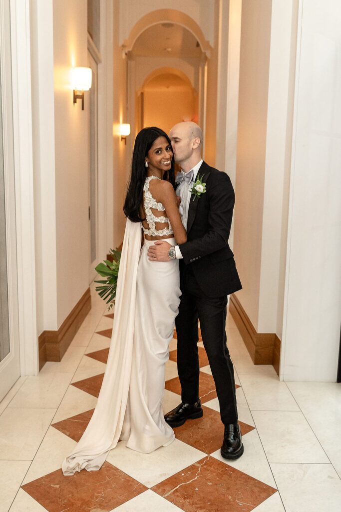 Bride and grooms indoor Shinola Hotel wedding portraits in Detroit, Michigan