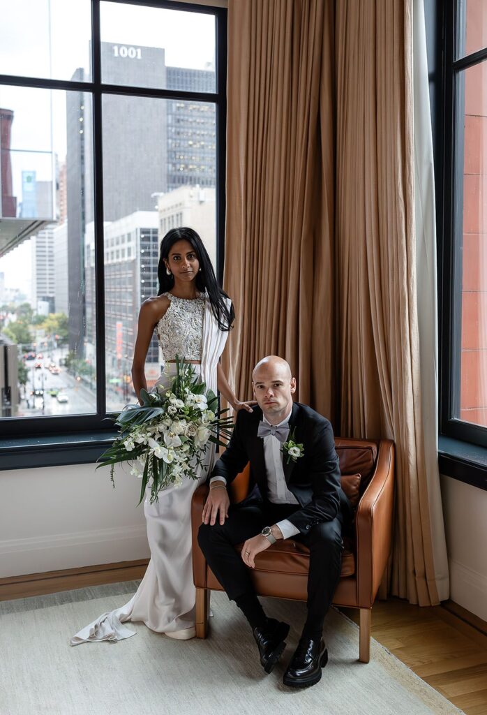 Bride and grooms indoor Shinola Hotel wedding portraits in Detroit, Michigan