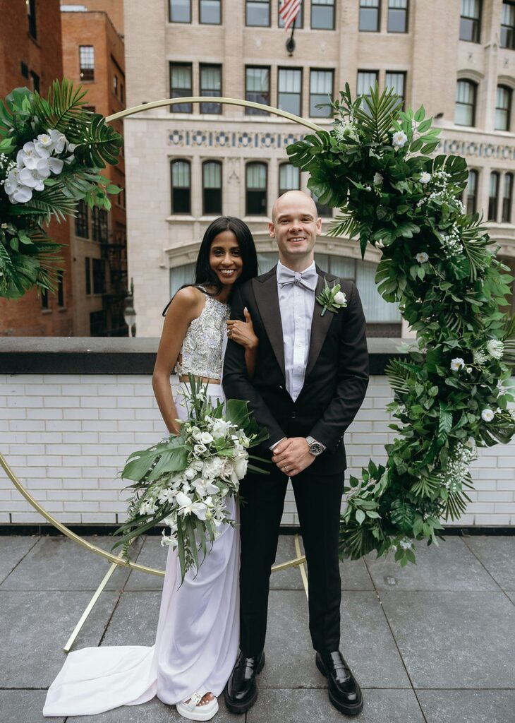 Bride and grooms outdoor Shinola Hotel wedding portraits on The Terrace