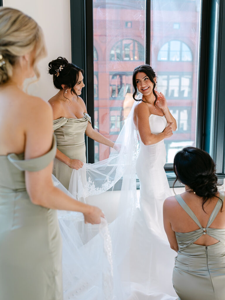 Luxury bridal getting ready session at Shinola Hotel, Detroit, photographed in editorial and documentary style